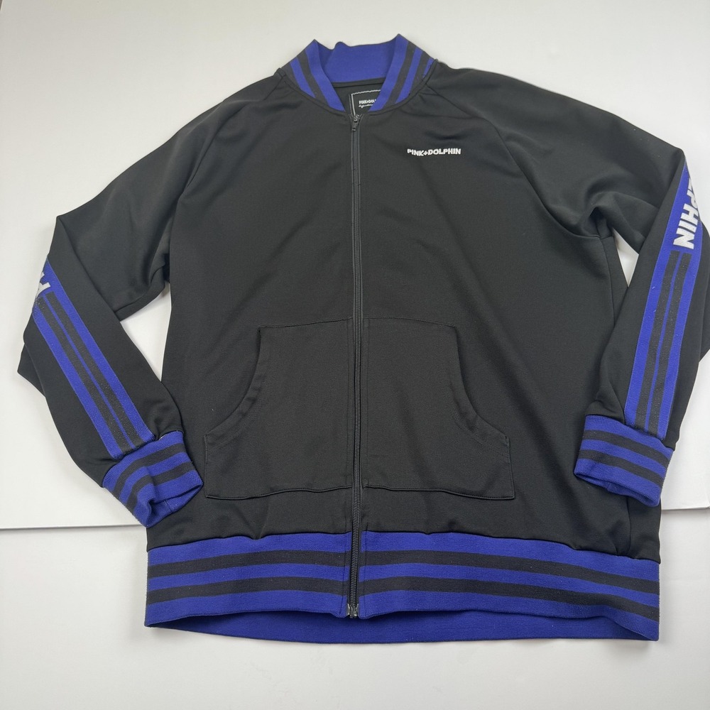 Pink Dolphin Jacket Mens 2XL Black Blue Full Zip Track Striped Logo Polyester